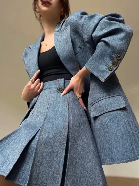 Aconiconi Elegant Korean Style Denim Blue/Pink Loose Blazer Skirt- Pine cypress crabapple