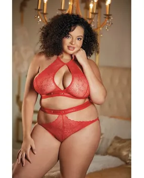 Allure Lace Halter Top & Backless Panty Red One Size Fits Most Curvy