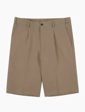 Beige Herringbone Cotton Pleated Shorts