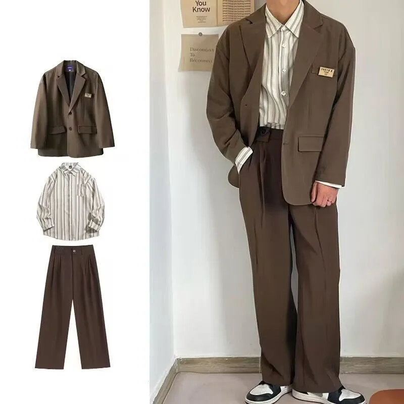 Casual Suit for Men Loose Fitting Shirt   Jacket   Pant Men's Set