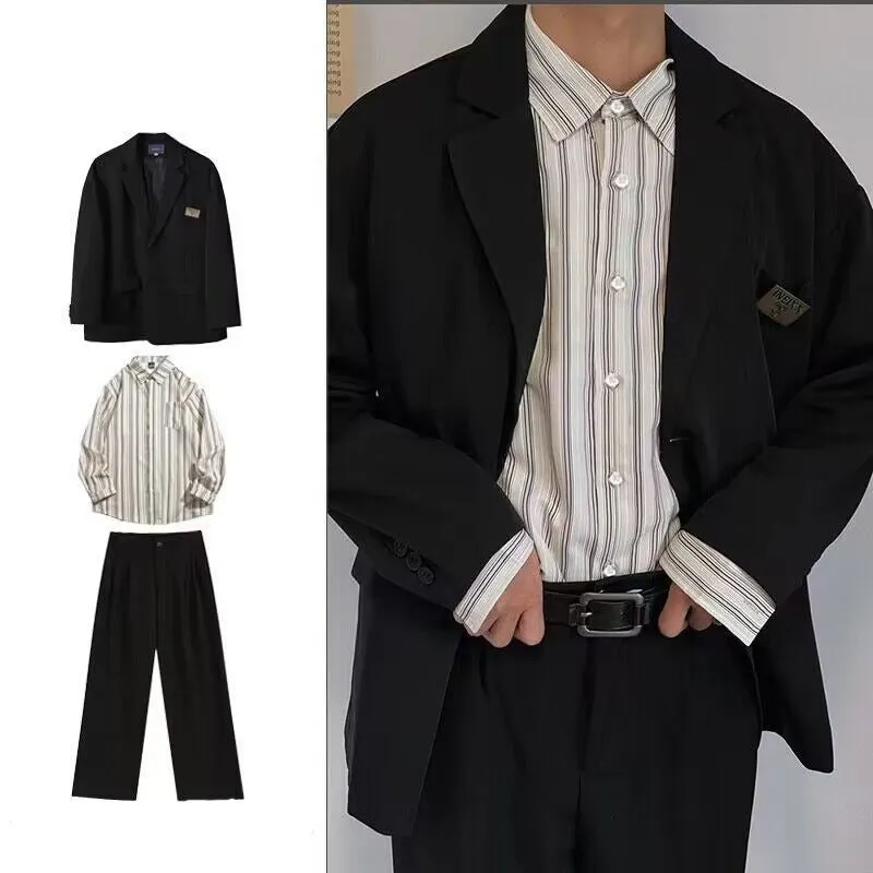 Casual Suit for Men Loose Fitting Shirt   Jacket   Pant Men's Set