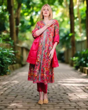 Cotton Silk Fiery Rose Pink Floral Printed Palazzo Suit