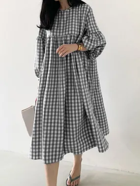 deanwangkt Women's Casual Plaid Midi Dress with Bohemian Puff Sleeves