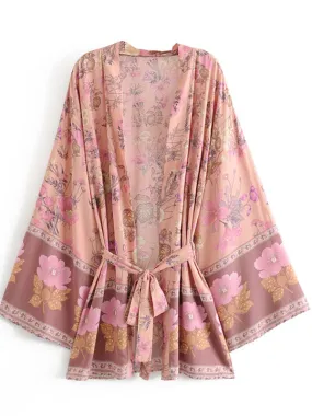 Short Kimono Floral Print Pink Cotton Viscose Short Length Gown Kimono Duster Robe