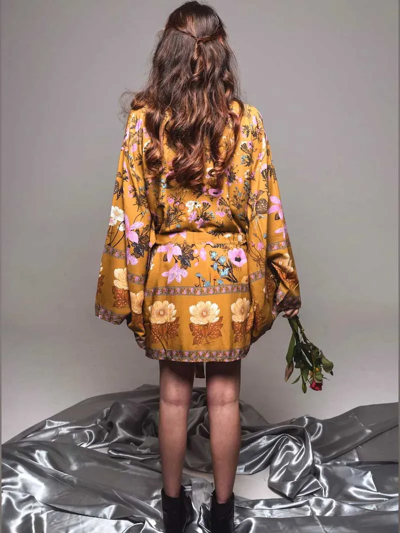 Women's Short Kimono With Floral Print Yellow Color Cotton Viscose Short Length Gown Kimono Duster Robe