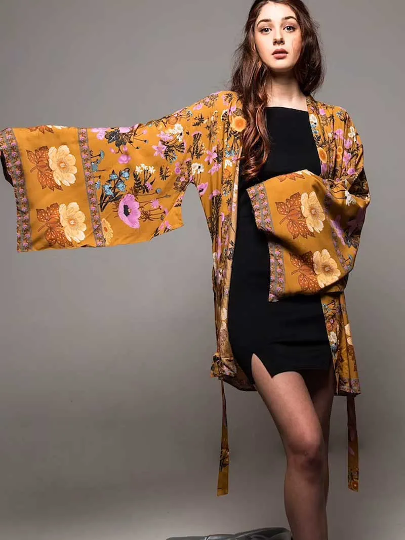 Women's Short Kimono With Floral Print Yellow Color Cotton Viscose Short Length Gown Kimono Duster Robe