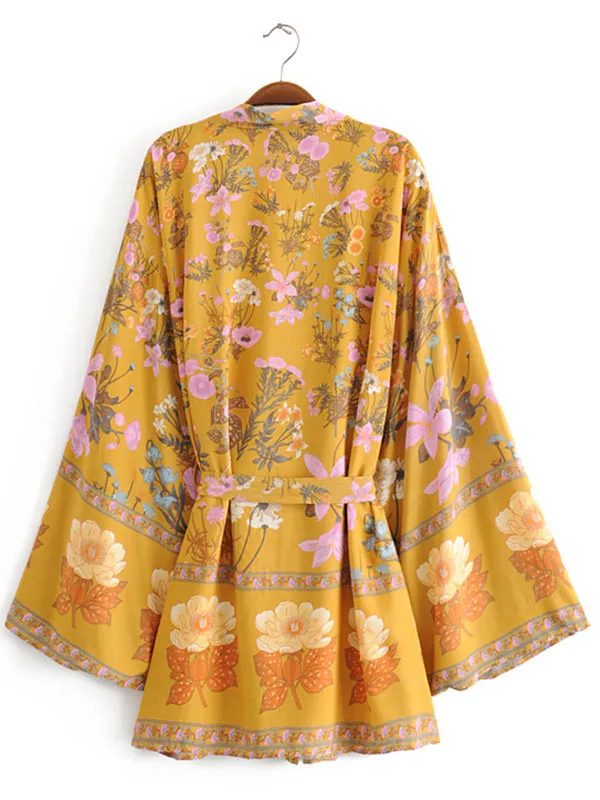 Women's Short Kimono With Floral Print Yellow Color Cotton Viscose Short Length Gown Kimono Duster Robe