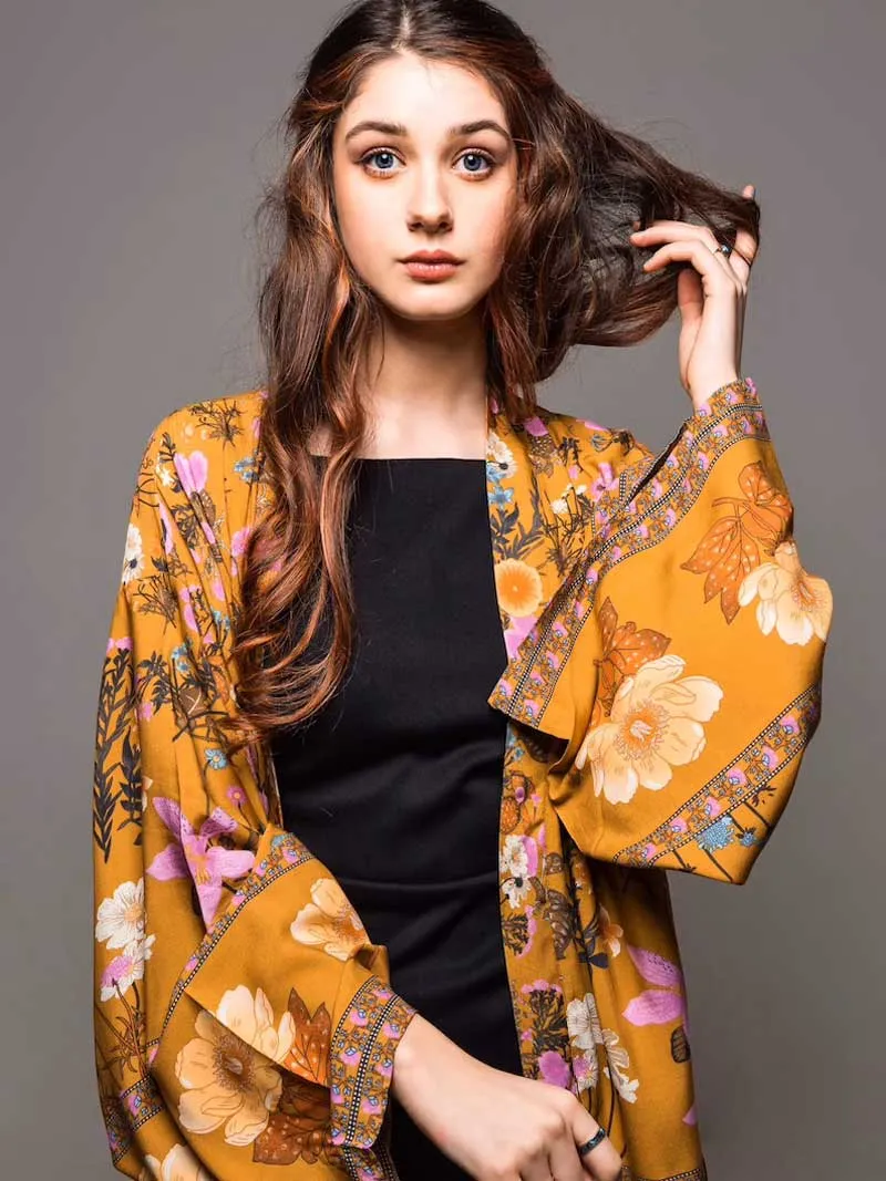 Women's Short Kimono With Floral Print Yellow Color Cotton Viscose Short Length Gown Kimono Duster Robe